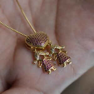 Corrente coração duas meninas rosa